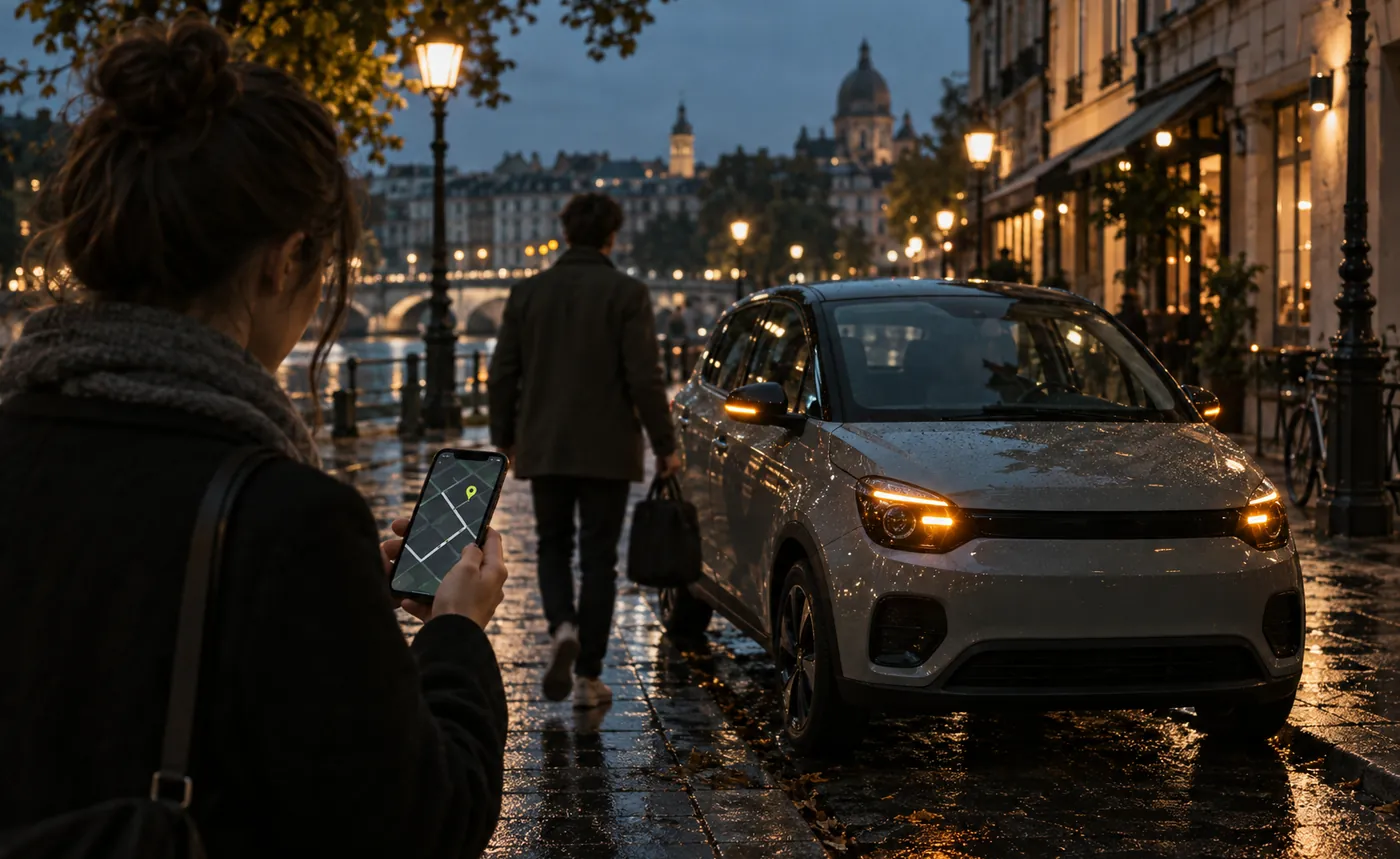 Rue au crépuscule après la pluie : une personne localise sur son téléphone une voiture partagée qui se déverrouille