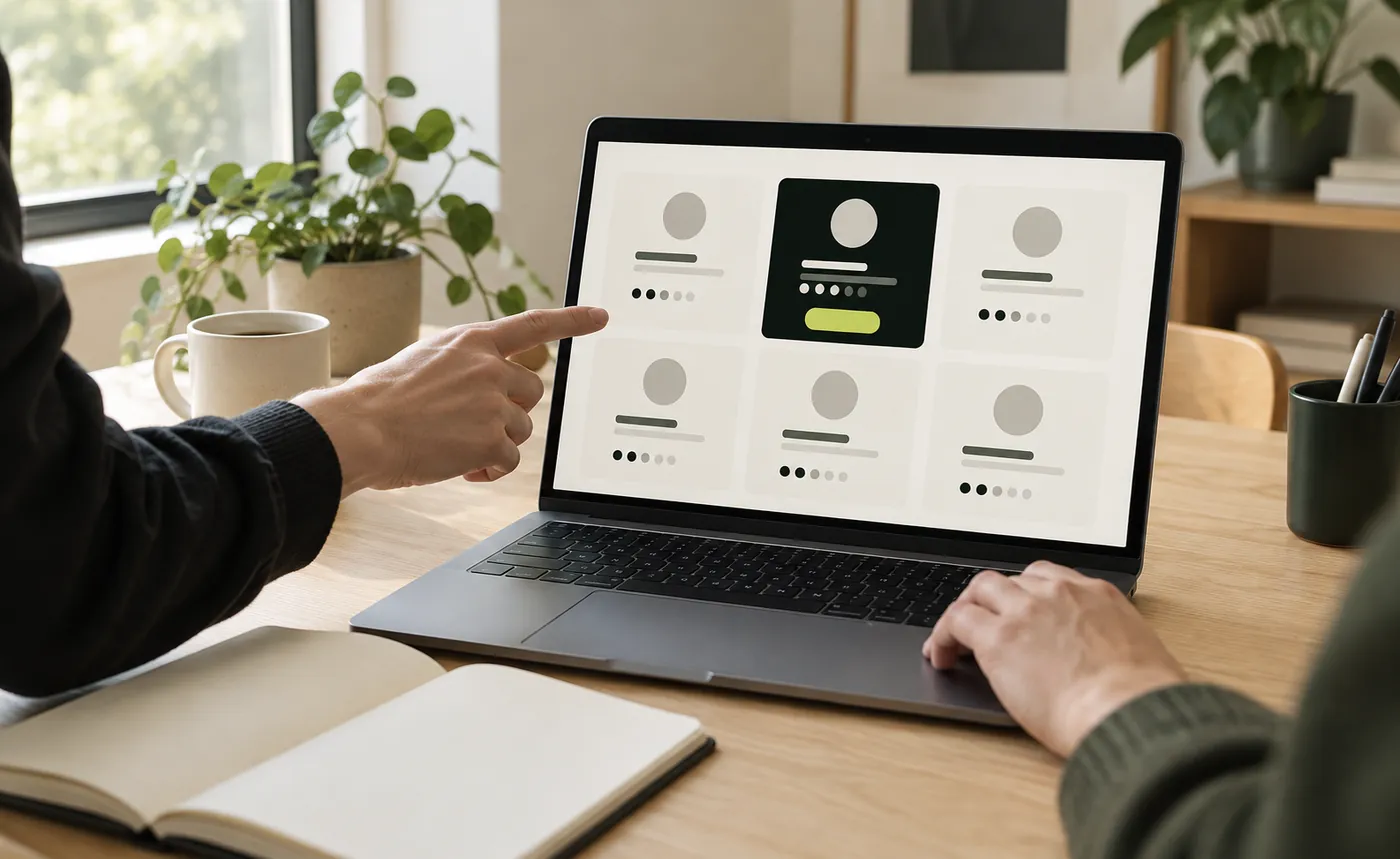 Ordinateur portable affichant une grille de profils de freelances, une main désignant un profil